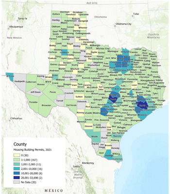 Map of Texas with different colored counties