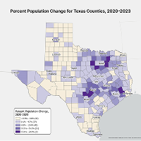 Cloropleth map of texas depicting population changes.