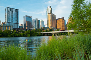 Austin skyline over the Colorado river, Texas.