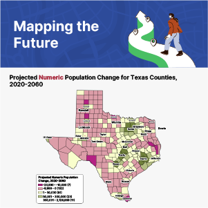 Texas map shows projected population changes by county from 2020 to 2060.