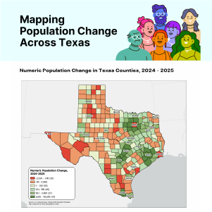 Map showing numeric population change in Texas counties from 2024 to 2025, with varying growth and decline highlighted by color coding.