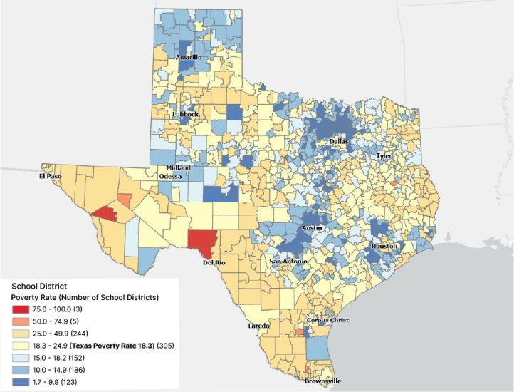 Colored Texas map with poverty rate for school age children.